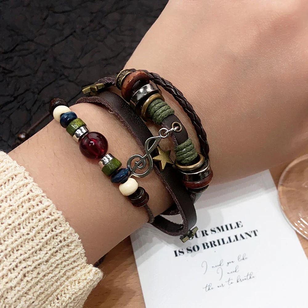 Handmade Hippie Design Brown Leather Bracelet Metal Star Note Charms Wood Button Beads Wrap Unisex Adjustable Bracelet