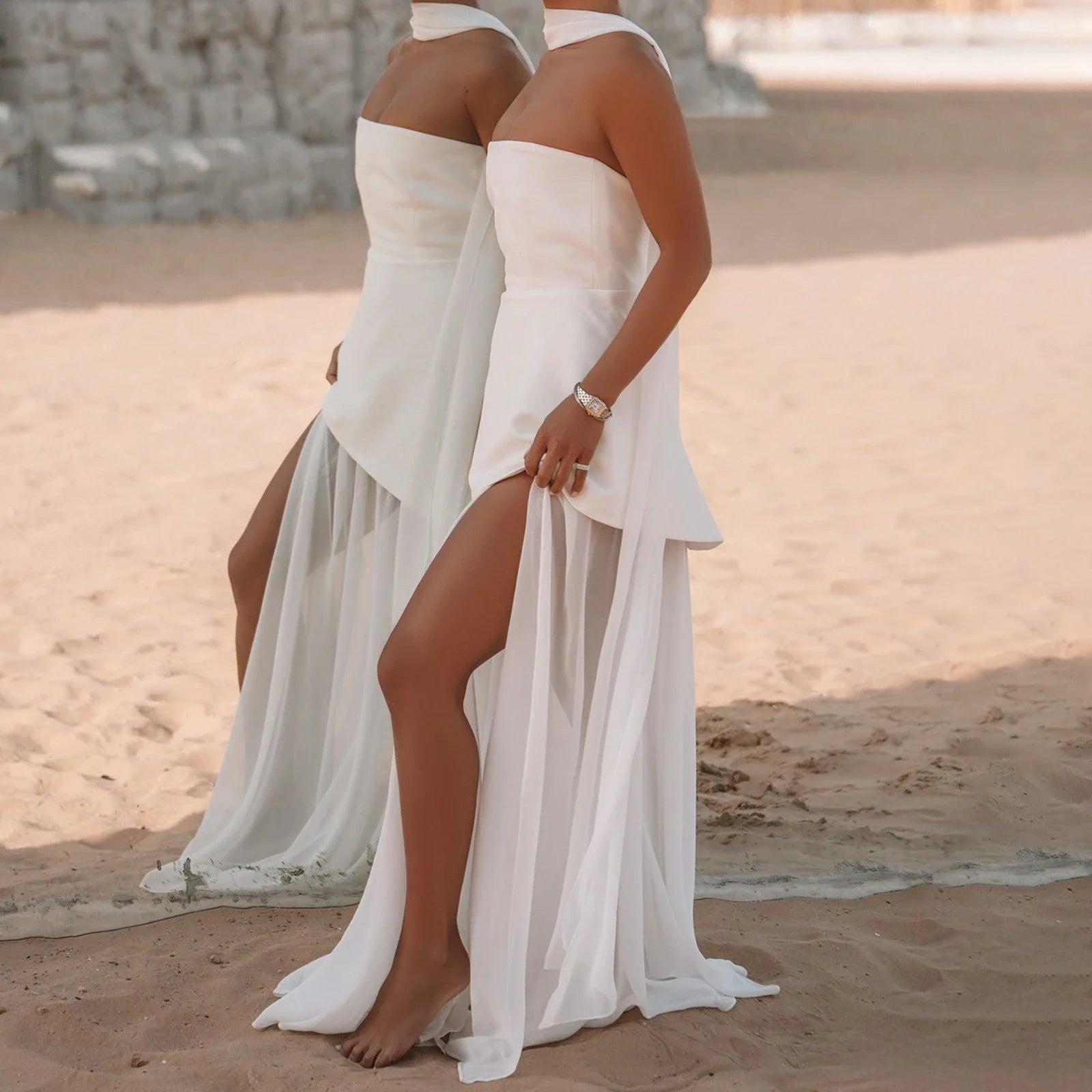 Combhasaki Elegant Strapless Sheer Ruffle Hem Patchwork Backless High Split A-line Party Tube Long Dress with Scarf