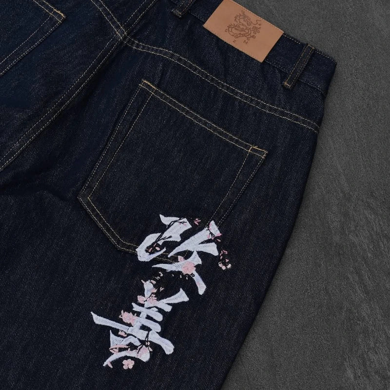 Raw baggy jeans Y2K retro art font embroidery black jeans Harajuku hip hop unisex woven washed patchwork wide leg pants