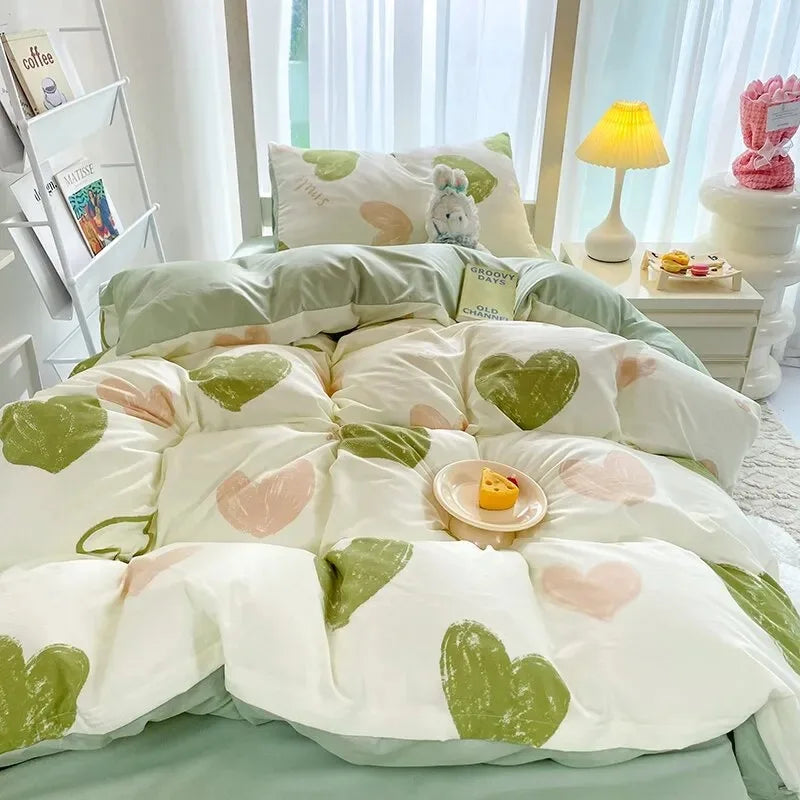 Ins-style Class A ultra-soft double-layer yarn washed cotton 4-piece set, cute quilt cover, student dormitory single