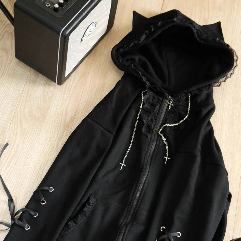 Gothic Subculture Black Lace Loose Hoodie Lovely Long Sleeve Hooded Coat Casual Warm Overcoat