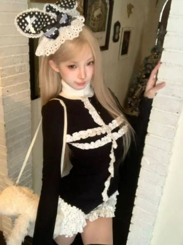 Gothic Vintage Subculture Black Slim 2-piece Set Girl Hepburn Patchwork Thin Y2k Suit