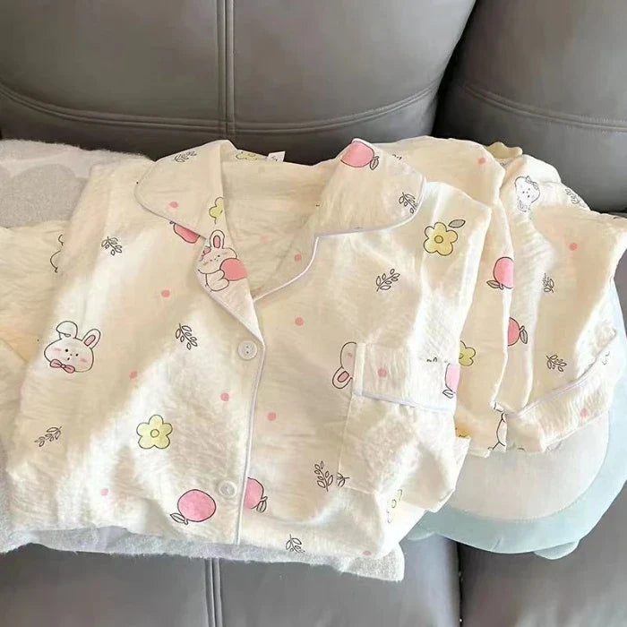 2 PCS Pajama Sleepwear Pajama Set Long Sleeved Pants Suit Peach Print Ventilate Soft Comfortable Home Leisure Home Clothes