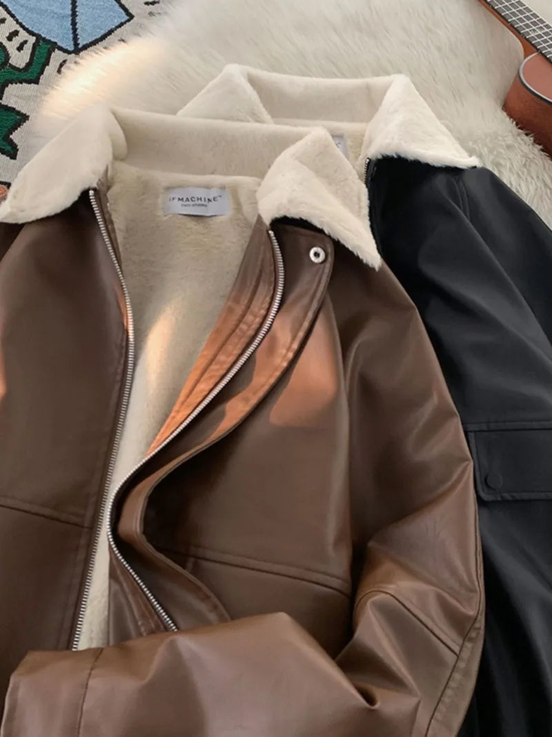 Y2K Lapel Leather Coat Cotton-padded Jacket Coat High Street Vibe Vintage Casual Pilot Jacket Cotton-padded Jacket