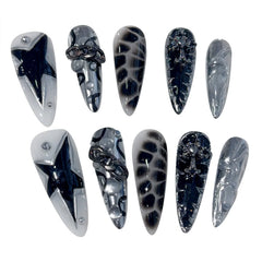 Handmade Press on Nails Punk Cool Black Star Crocodile pattern False Nails Heavy Metal European Black Almond Fake Nail Patches