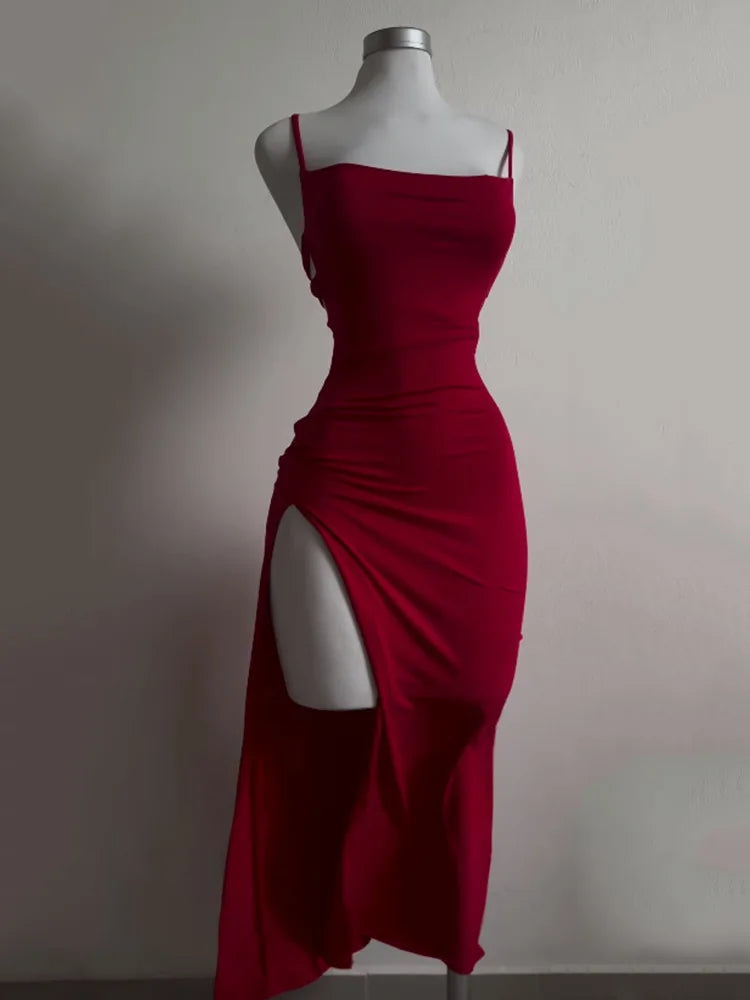 Backless Lace Up Long Dress Split Sleeveless Bodycon Party Club Evening Dresses High Street Suspender Robes