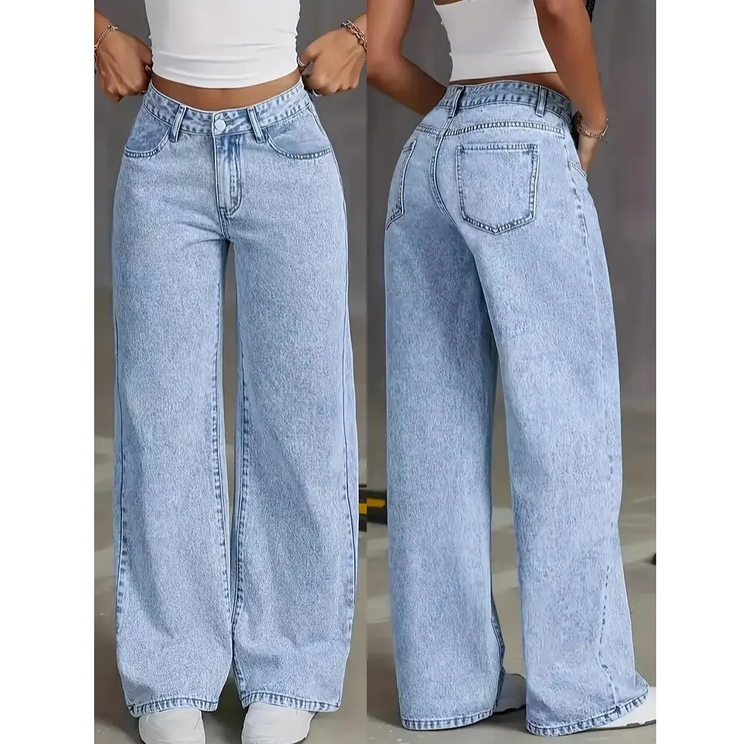 plus Size Wide Leg Jeans Washed Elastic Casual Loose Fit Ladies Denim Pants Comfortable Stretchy Trousers