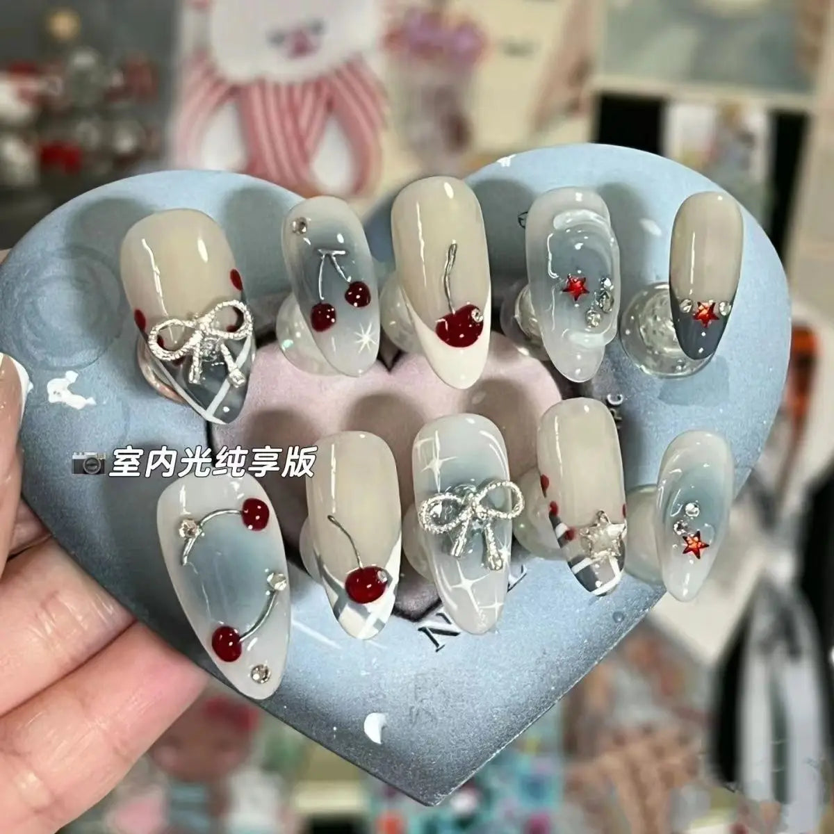 10Pcs Handmade Press on Nails French Almond Full Cover Cherries