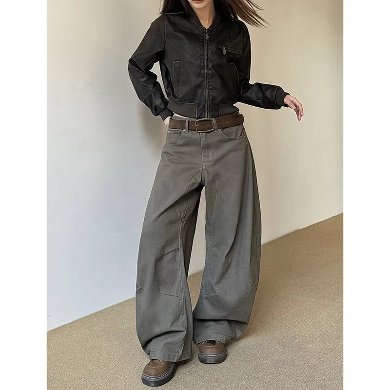 American Vintage High Waist Camel Jeans Baggy Y2K Wide Leg Denim Trouser Clothes