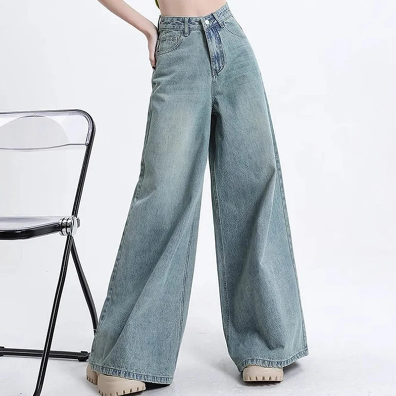 High Waist Korean Slacks Wide Leg Jeans Girls Punk 90s Vintage Denim Straight Leg Pants Light Blue Baggy Trousers