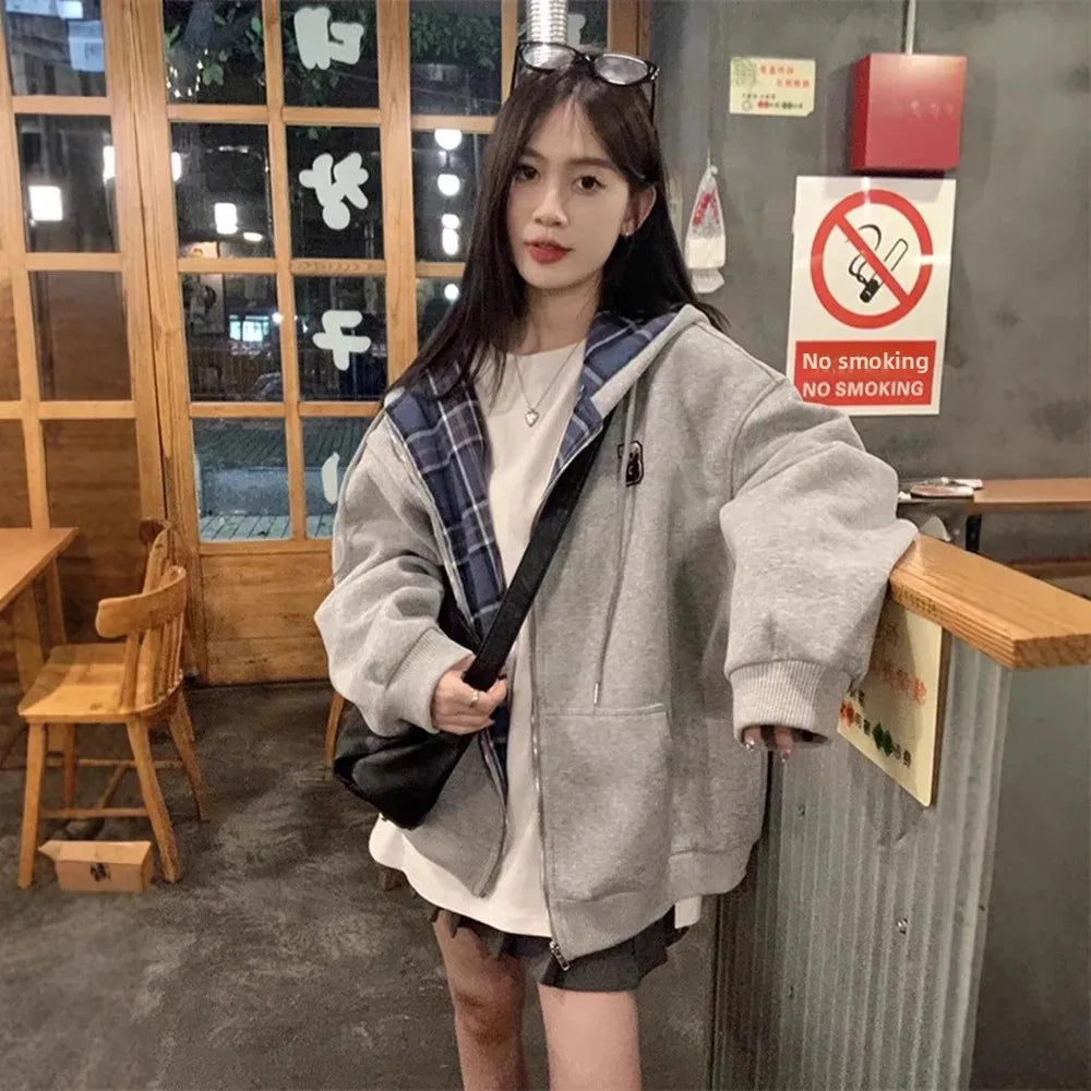 Retro American Plaid Splicing Hoodie Oversize Loose Lazy Style Open Cardigan Coat Polyester Fiber