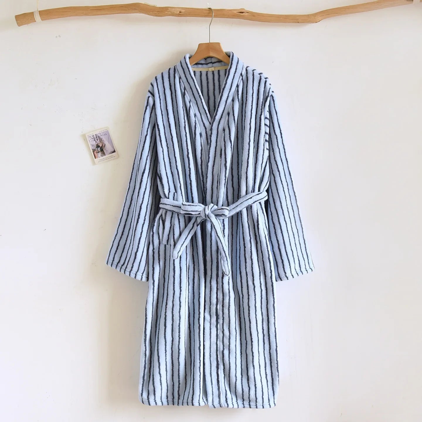 Robe Home Dress Thicken Flannel Bathrobe Kimono Gown Loose Print Stripe Sleepwear Coral Fleece Loungewear