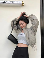Vintage Windbreaker Cropped Jackets Harajuku Oversized Streetwear Long Sleeve Elegant Top