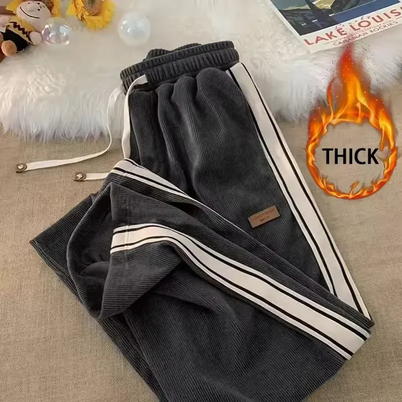 Corduroy Casual Sweatpants Straight Thick Wide Leg Pants Streetwear Outdoor Sports Work Joggers Trousers Male