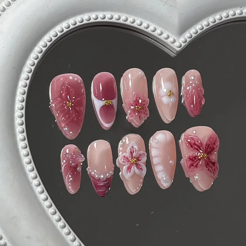 24PCS Simple Ins Dark Pink Blush 3D Flower Almond False Nails with Glue Leopard Print French Spice Girls Fake Nail Tips Press On