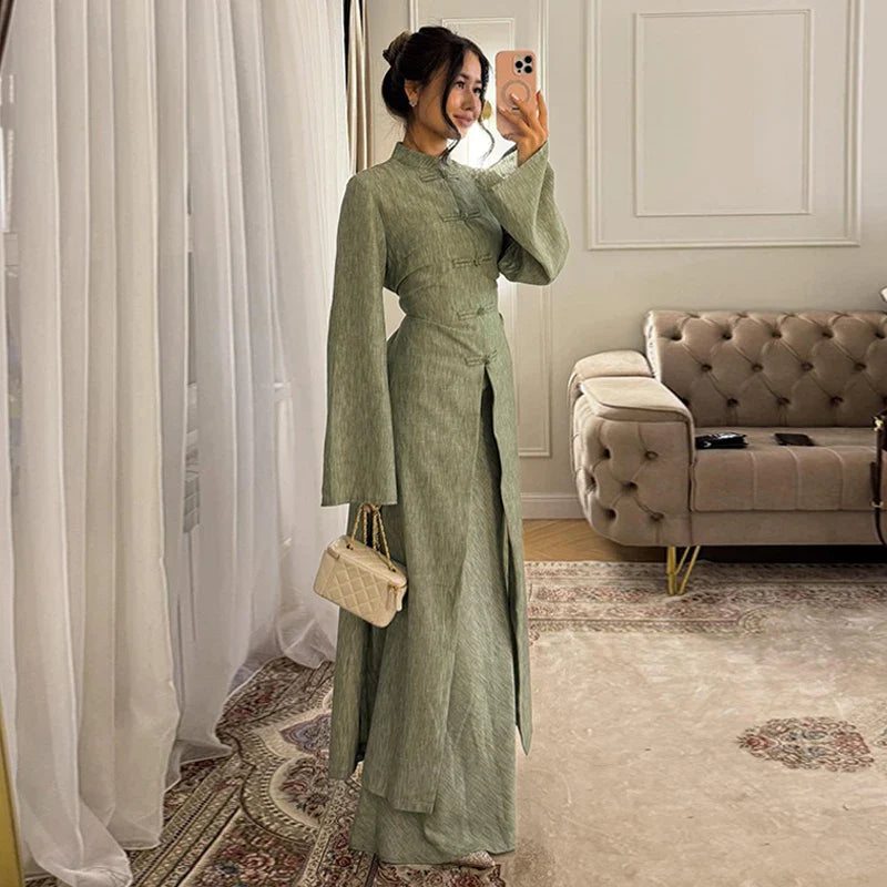 Elegant Top Skirt Sets Chinese Buckle Full Sleeve Long Coat A-line Maxi Skirts Set Lady Suits