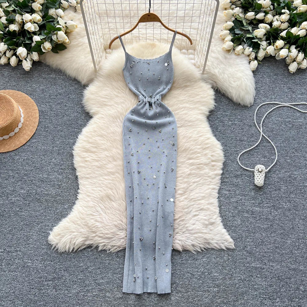 Knitting Split Long Dress Sleeveless Sequins Diamonds With Sashes Skinny Sundress Dress