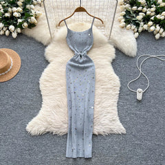 Knitting Split Long Dress Sleeveless Sequins Diamonds With Sashes Skinny Sundress Dress
