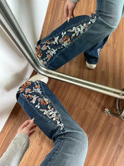American Niche Floral Embroidered Washed Jeans Y2K Millennial Retro Street Casual Harajuku Girl Micro-flare Slim Jeans