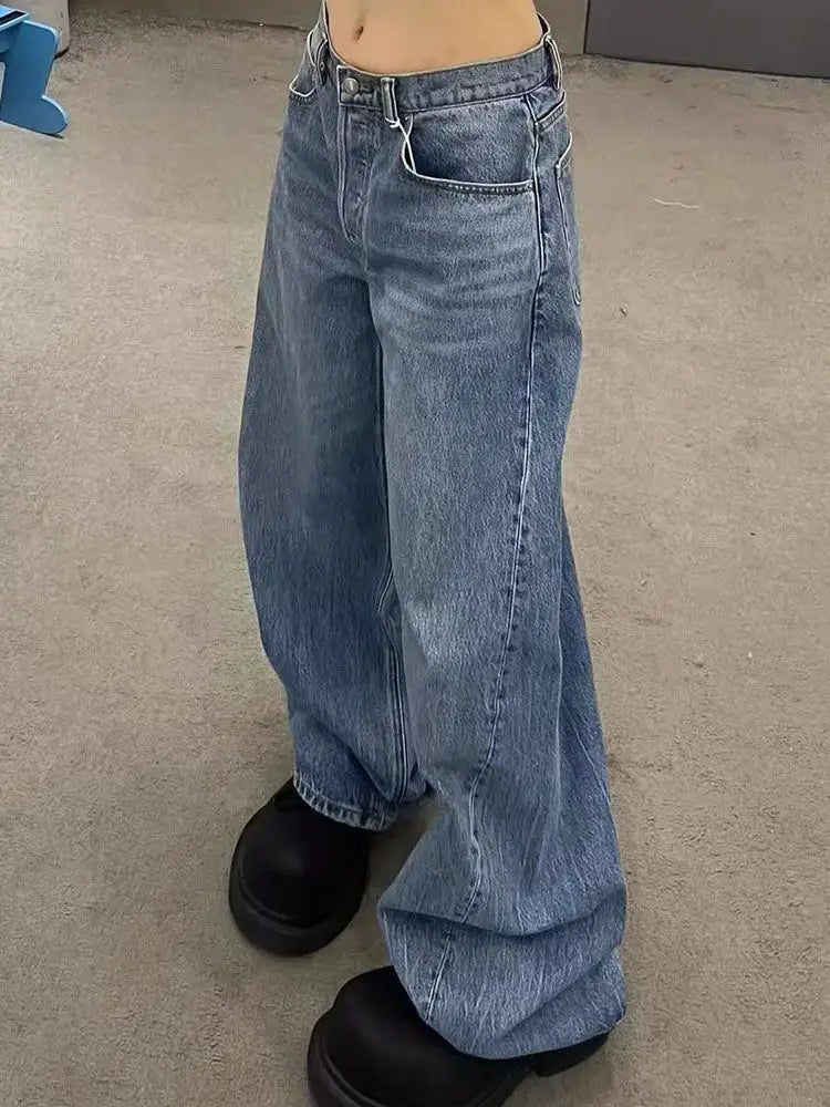 Gradient Casual Blue Jeans Y2K Vintage High Waisted Jeans Straight Streetwear Loose Large Wide Leg Denim Pants