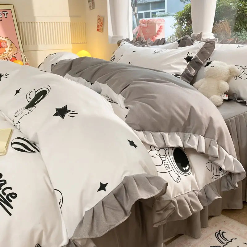 Cartoon Washed Cotton Bed Sheet Four-piece Set Non-cotton Thickened Brushed Quilt Cover Bed Skirt Style Princess Style Bedroom