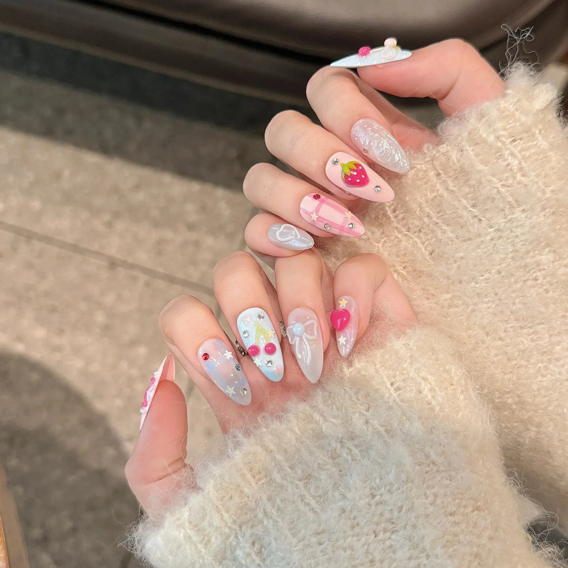 Handmade Press on Nails Ins Sweet Pink Blue Color Fake Nails