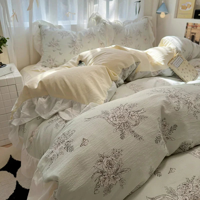 1.5/1.8 Korean Style 100% Cotton Fitted Sheet Sets with Lace Flower Print Bedding Set