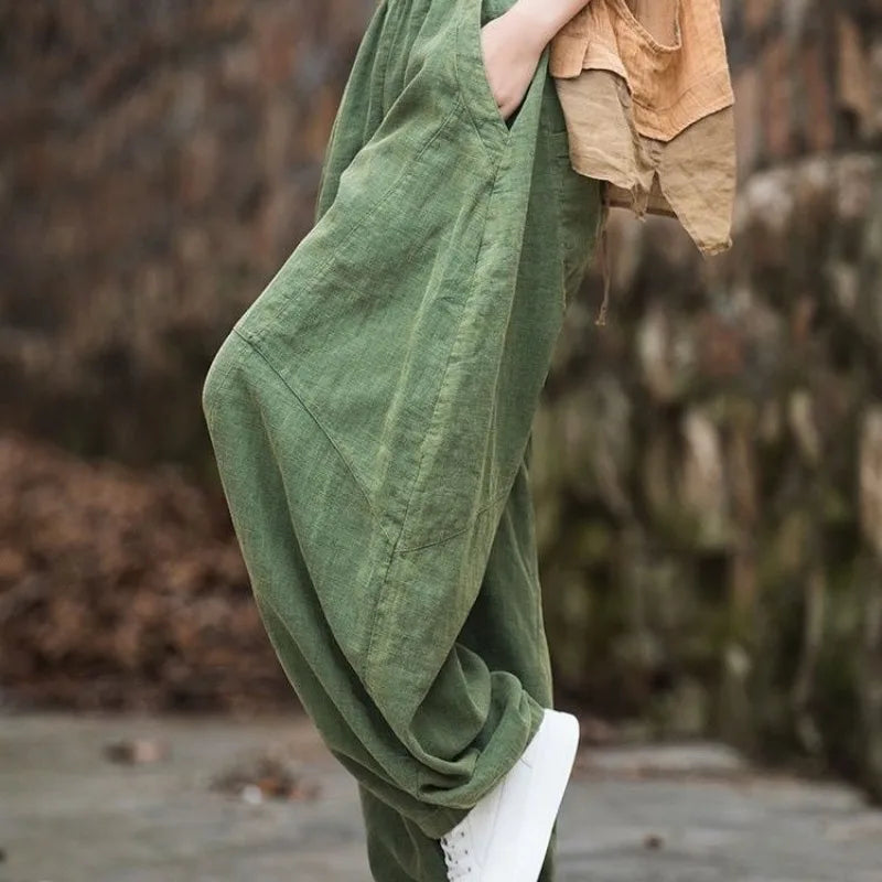 Elegant Cotton Linen Baggy Cargo y2k Pants Vintage Elastic Waist Trousers Loose Casual Long Wide Leg Oversize Clothes