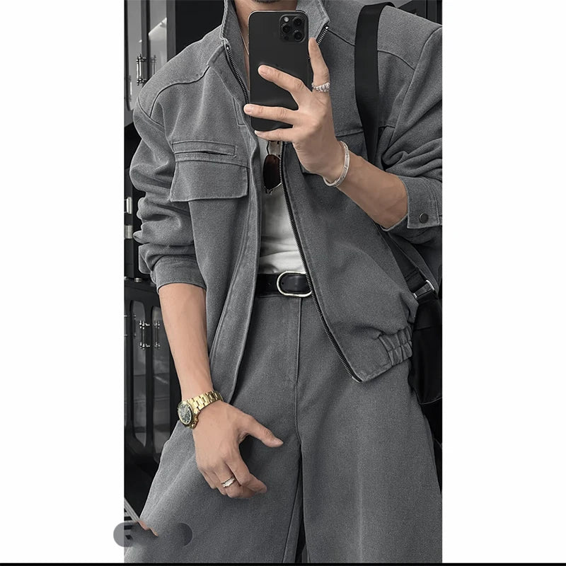 Unisex Stand Collar Short Jacket Loose Wide Leg Pants Set Trendy Casual Streetwear Oversized Urban