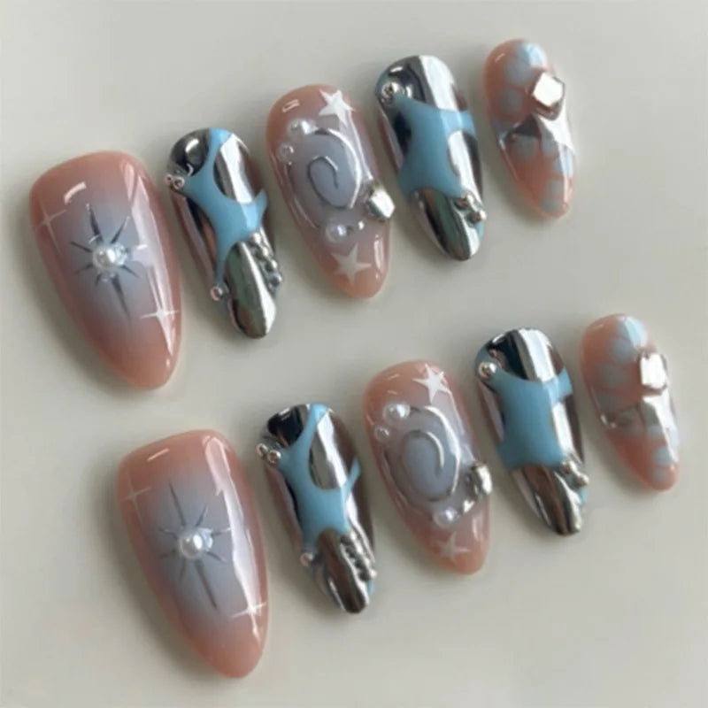 24pcs Short Almond False Nail Art Starlight Rhinestone Design Nails Tip Green Full Cover Nail Set Datachable Press on Fake Nails