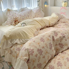 1.5/1.8 Korean Style 100% Cotton Fitted Sheet Sets with Lace Flower Print Bedding Set