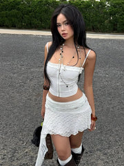 Weird Puss 2-Piece Set Zip Skinny Fungus Edge Camisole+Irregular Tassel Jacquard Skirts Matching Street Midnight Suit