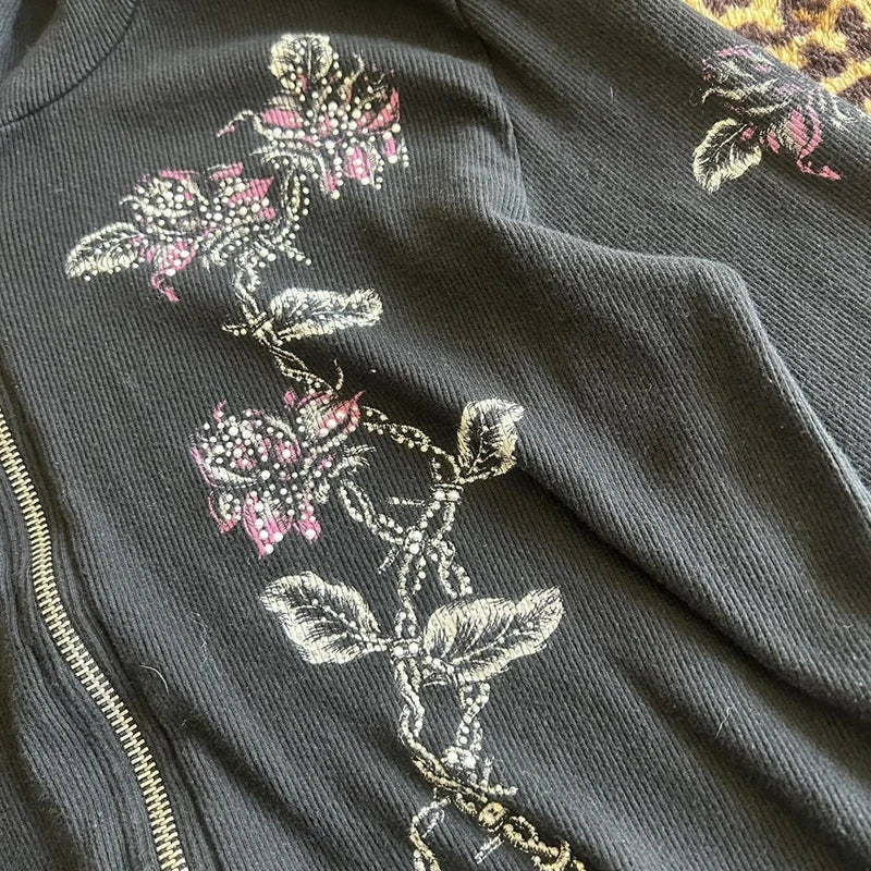 00s Vintage Jacket Y2k Grunge Zip Up Sweatshirt Flower Wings Print Slim Fit Hoodies E-girl Gothic Cool Street Outwear