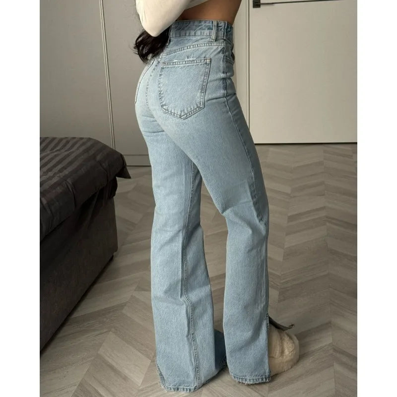 Dislocation Design High Waist Split Jeans Straight Trousers