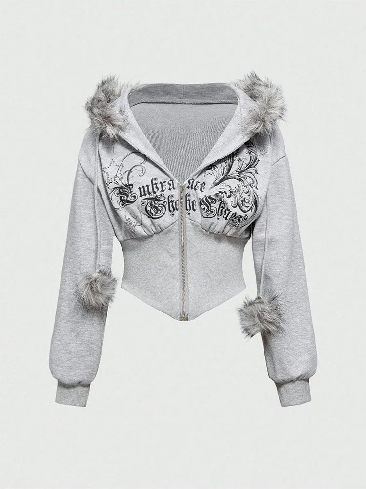 Warm Gothic Print Hoodie Faux Fur Crop Top Zip-Up Sweatshirt Y2K Streetwear Hooded Jacket New