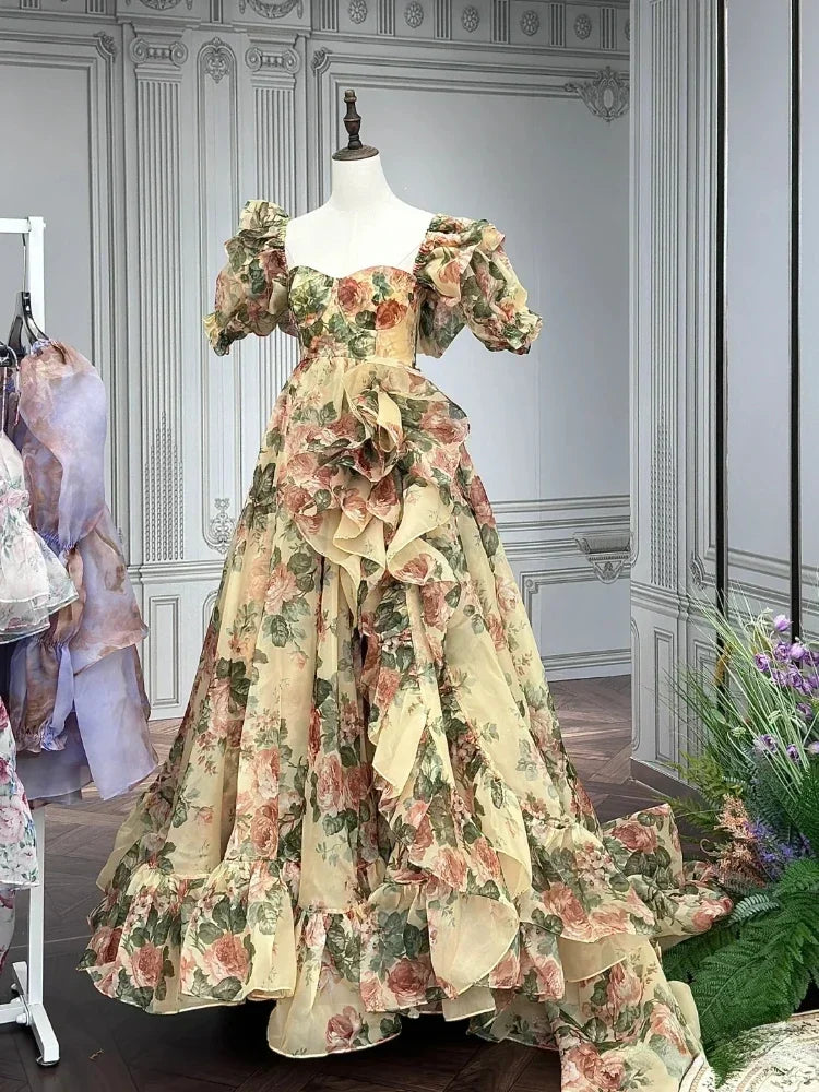 Floral Print Evening Party Dress Puff Sleeve Elegant Princess Long Dres Ladies France Vintage Open