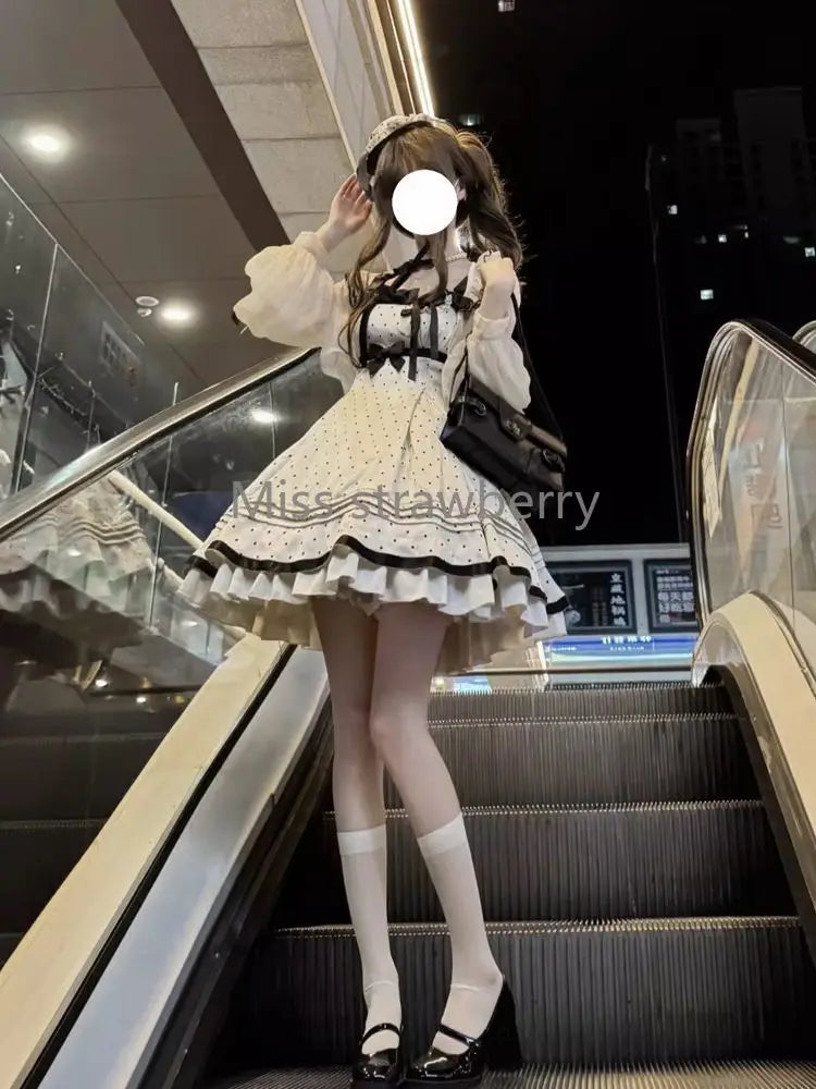 Design Sweet Kawaii Polka Dot Lolita Dress France Elegant Bow 2-piece Set Long Sleeve Short Cardigan