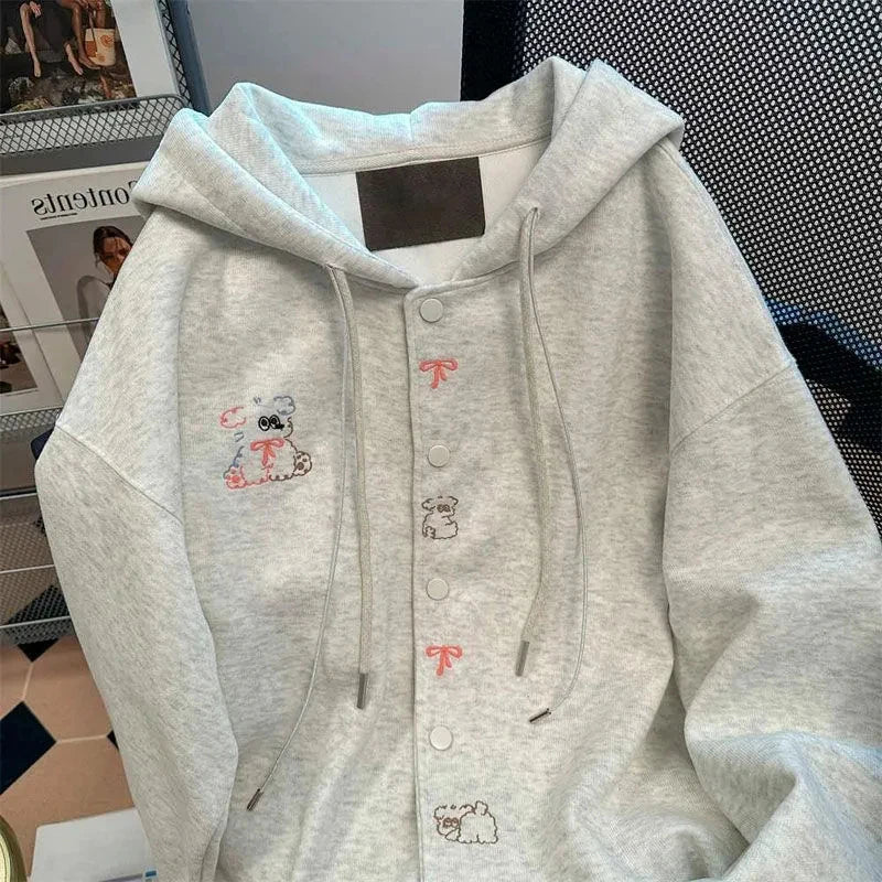 Sweet Puppy Embroidery Hoodies Preppy Loose Casual All Match Hooded Sweatshirts Fall Cute Streetwear Lace Up Coats