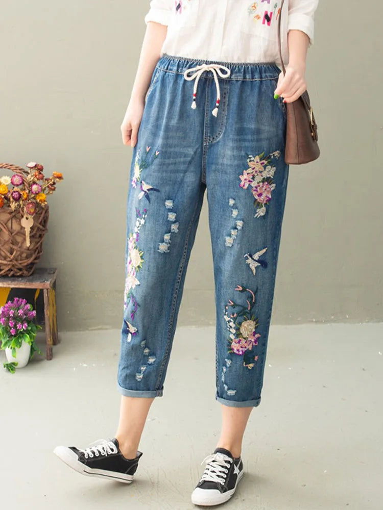 AmaxluluE Vintage Floral Loose Denim Pants Chinese Style Casual Ripped Blue Jeans Holes Elastic Harem Trousers