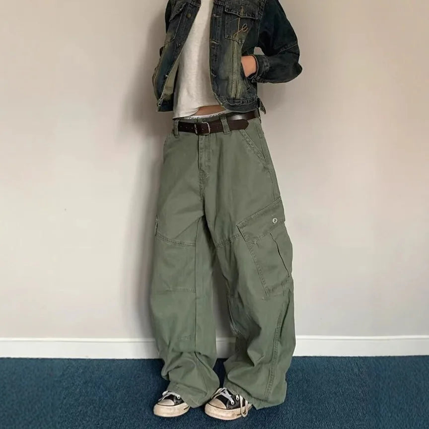Adjustable Waist American Retro Loose Straight Leg Work Trousers Multiple Pockets Cleanfit Long Pants Comfortable Casual