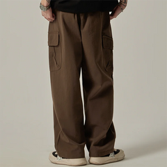 Sweatpants Vintage Japanese Wide Leg Straight Loose Button Big Pockets Cargo Pants Drawstring Trousers