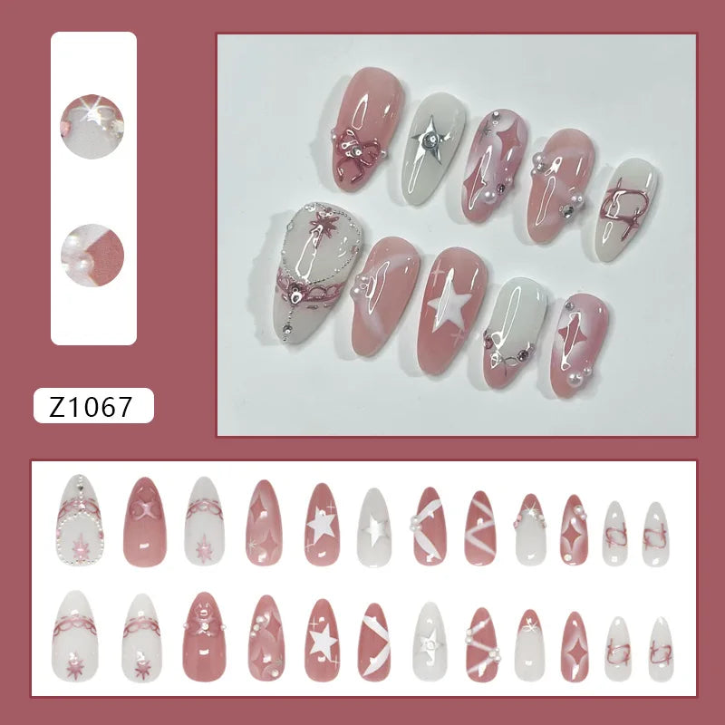 24pcs False Nails Glossy Green Almond Fake Nail Tips Wearable Detachable Flower Print Press on Nails