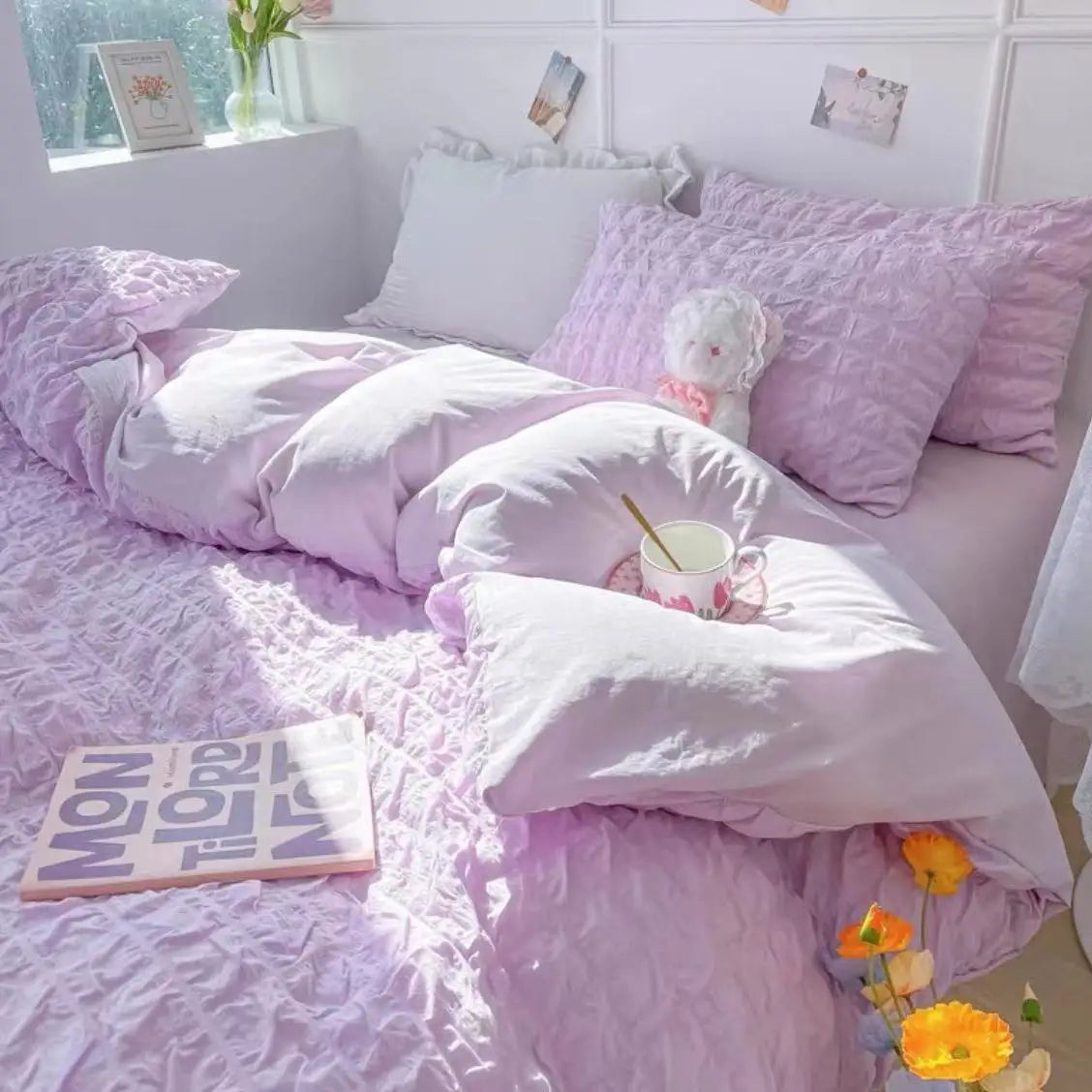 Princess Bedding Set French Style Wash Cotton Solid Color Seersucker SoftBed Sheet Set Comforter Set