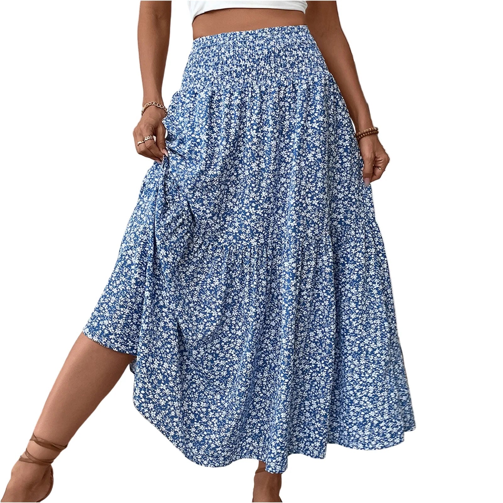 Pleated Floral Print Elastic Waist Loose Splicing A Line Skirt Skirts