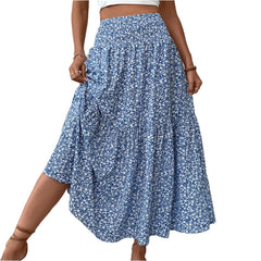 Pleated Floral Print Elastic Waist Loose Splicing A Line Skirt Skirts