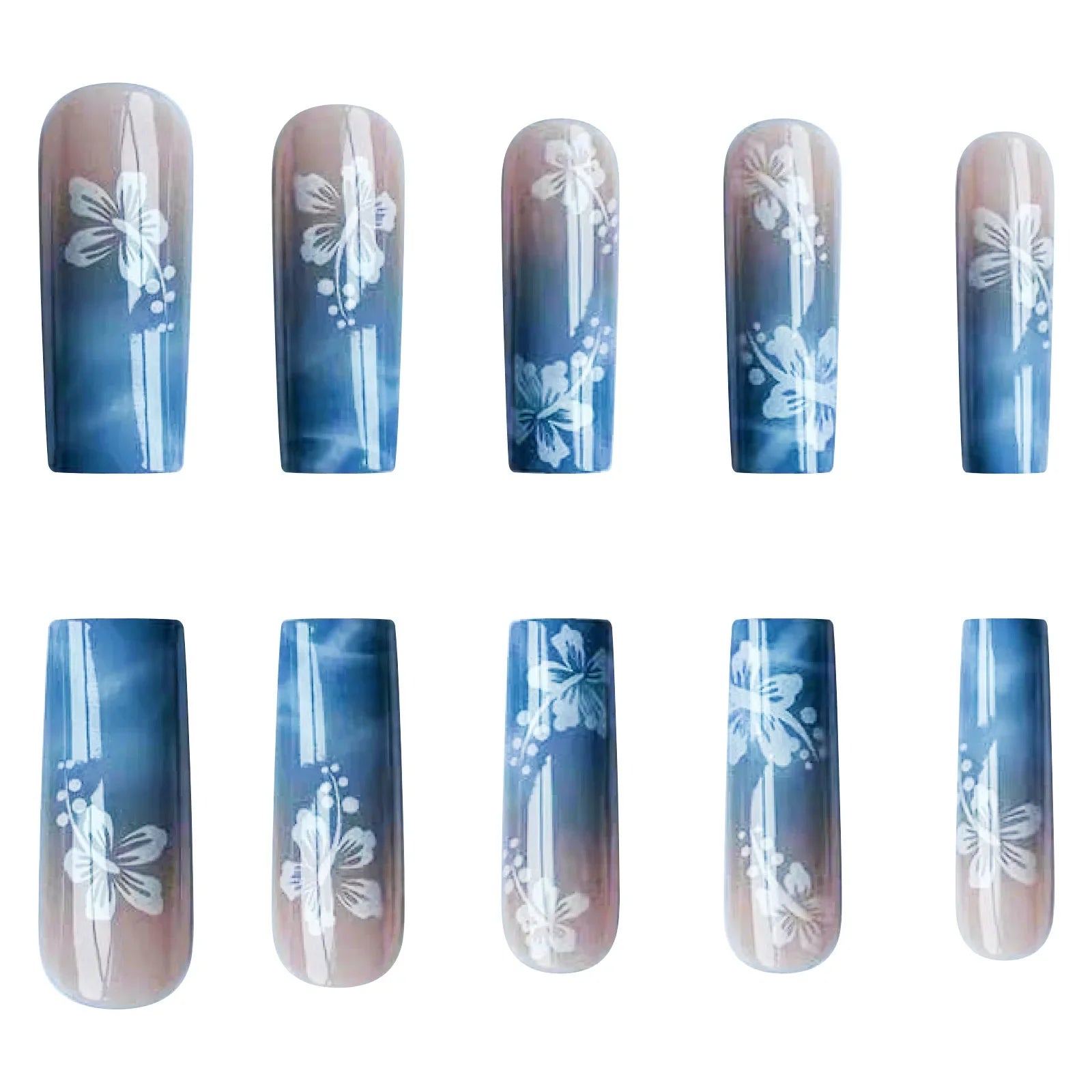 24pcs Y2k Sea Blue Gradient Fake Nails With Water Ripples Designs Long Square Coffin False Nails Set Press On Nail Tips