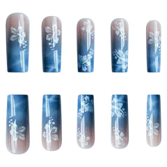 24pcs Y2k Sea Blue Gradient Fake Nails With Water Ripples Designs Long Square Coffin False Nails Set Press On Nail Tips