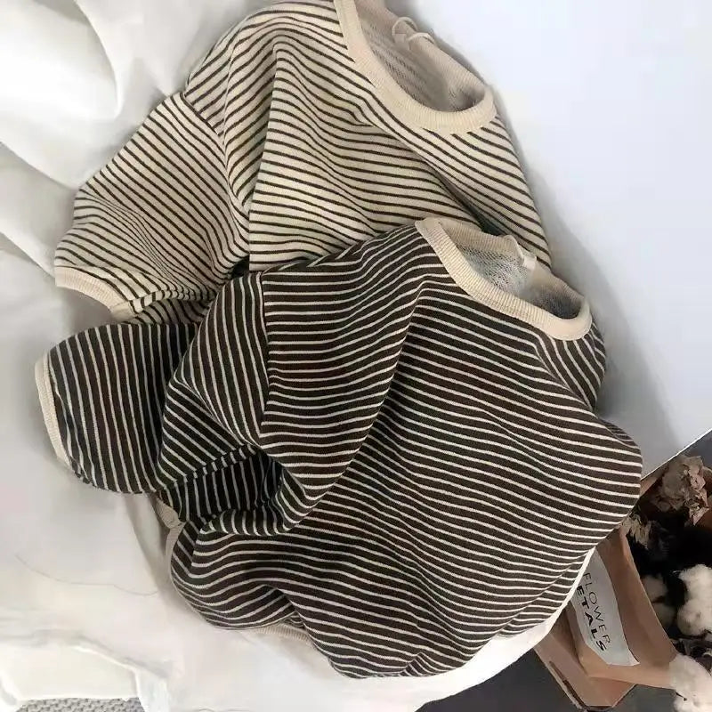 Boys Sweaters Tees Long Sleeve Korean Loose Striped Tops Children's T-shirts All-match Bottoming Girl Shirts
