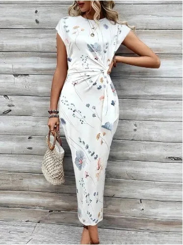 Elegant Waist Tie Striped Round Neck Short Sleeves Long Dress High-End Feel Clothing Skirt