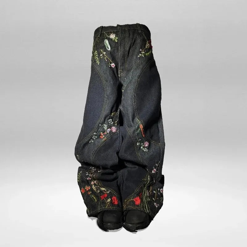 Y2K Baggy Jeans splicing Floral Seams embroidered jeans Gothic Hip Hop Harajuku Casual wide leg Jeans